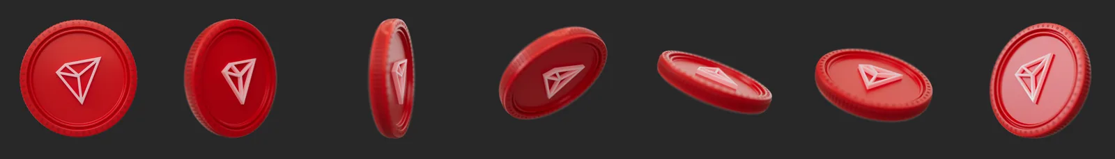 Seven 3D renders of a red TRON coin with the TRON symbol raised on its face, from the front view to edge-on and tilted