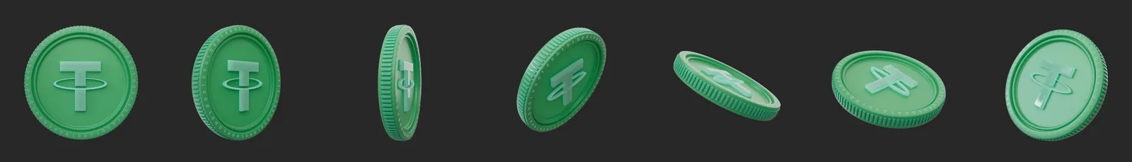 Seven 3D renders of a green Tether coin with the Tether symbol raised on its face, from the front view to edge-on and tilted