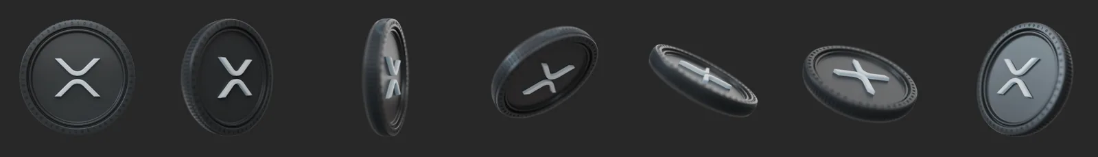Seven 3D renders of a dark graphite XRP coin with the XRP symbol raised on its face, from the front view to edge-on and tilted