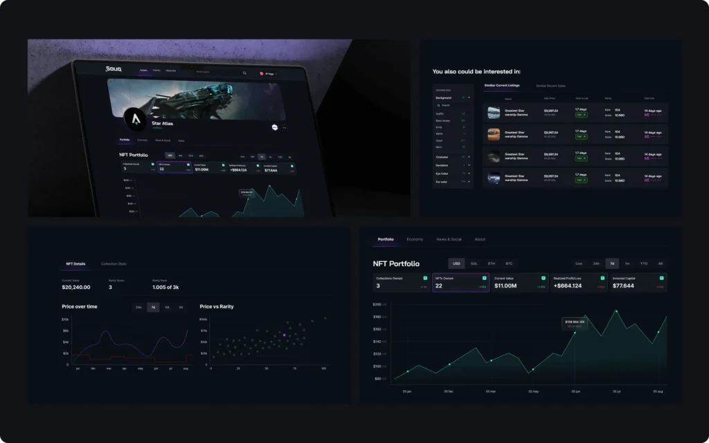 Souq NFT portfolio dashboard on a laptop with portfolio value chart and listings table
