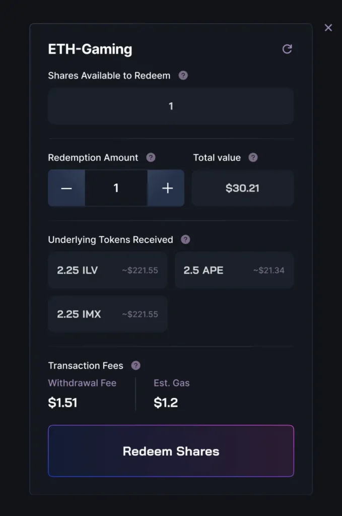 Souq redeem window with withdrawal fee and estimated gas shown above the Redeem Shares button