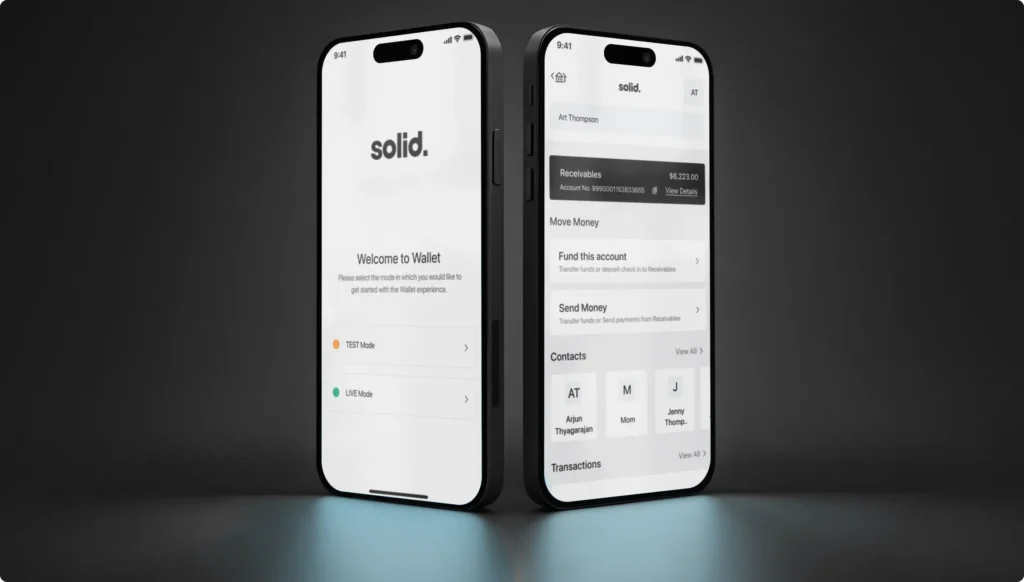 Solid Wallet start screen with TEST and LIVE modes, next to the home screen
