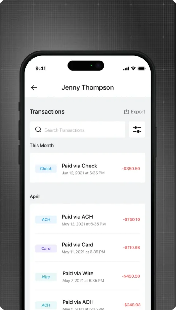 Solid transaction history with payment rail tags, search, filters and export