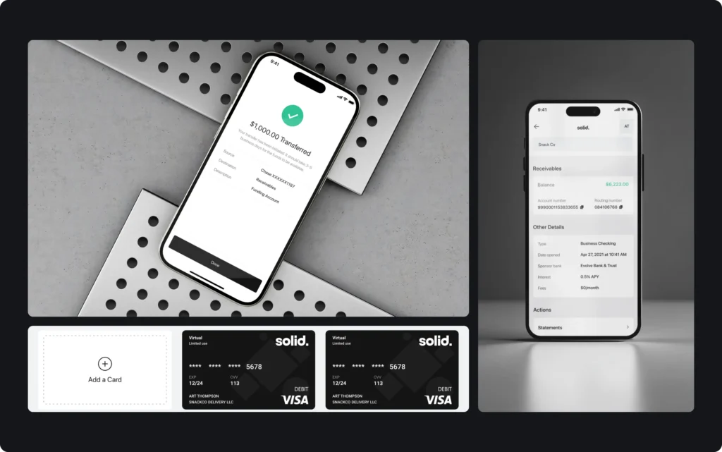 Solid Wallet app screens and Visa debit cards designed by thelegacy