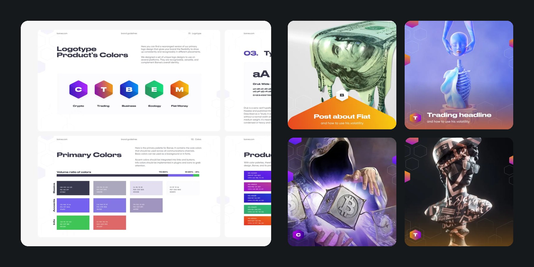 Banxe brand guidelines next to Banxe social media posts: the brand system and the marketing built on it