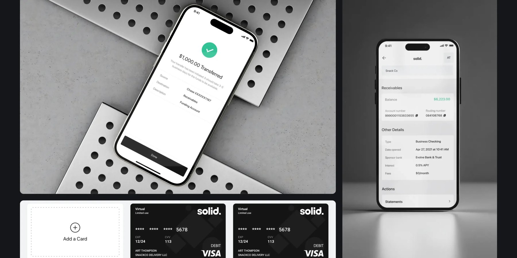 Solid Wallet app screens and Visa debit cards on perforated metal