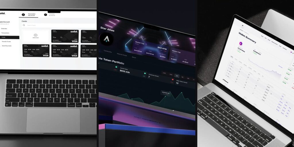 Three laptops with fintech and crypto interfaces: Solid cards, Souq token portfolio and Banxe wallet summary
