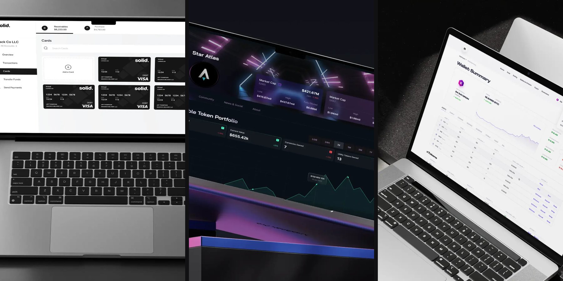 Three laptops with fintech and crypto interfaces: Solid cards, Souq token portfolio and Banxe wallet summary