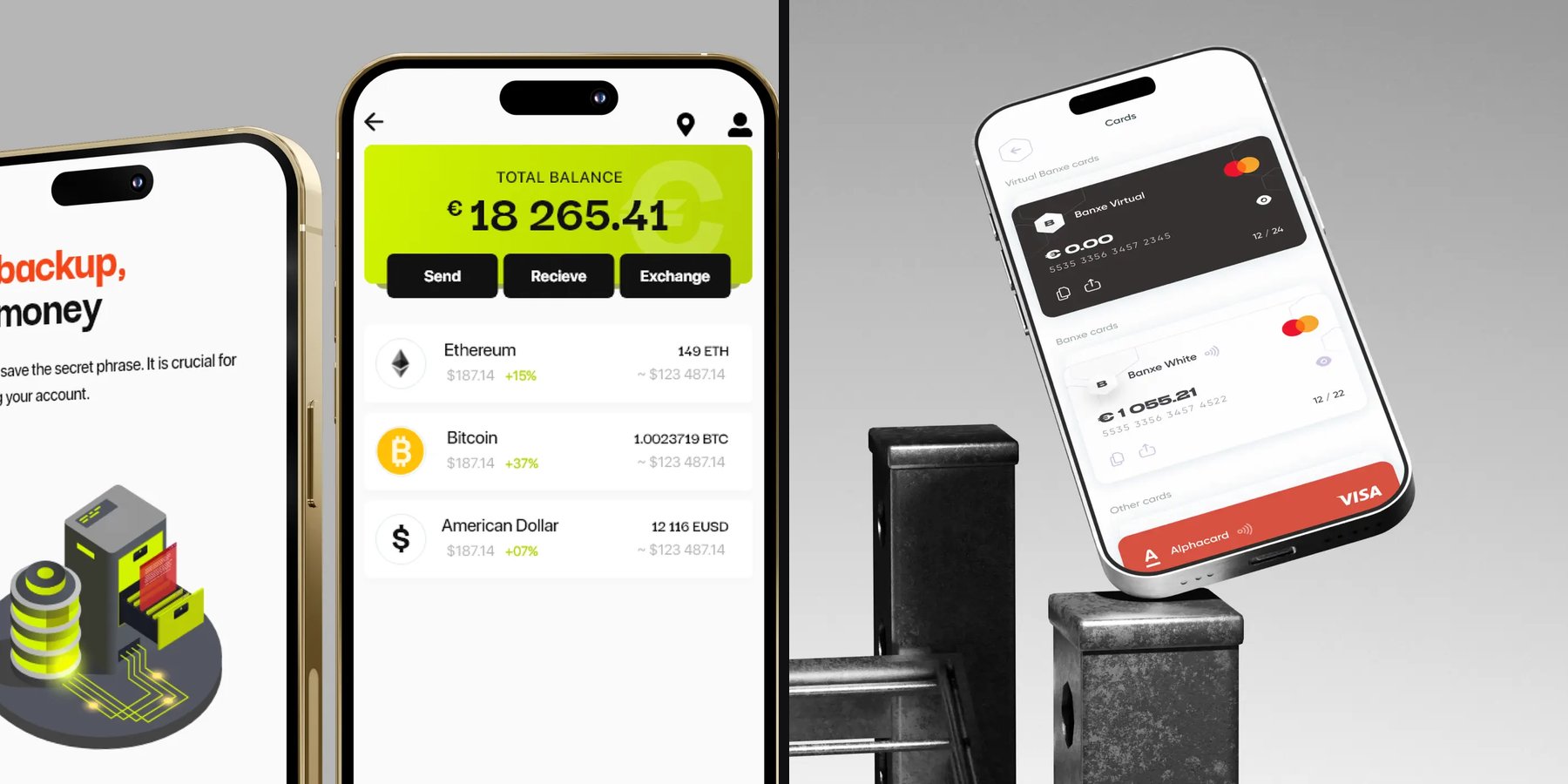 ARUS wallet balance and No backup, No money screens next to Banxe card screens on a phone